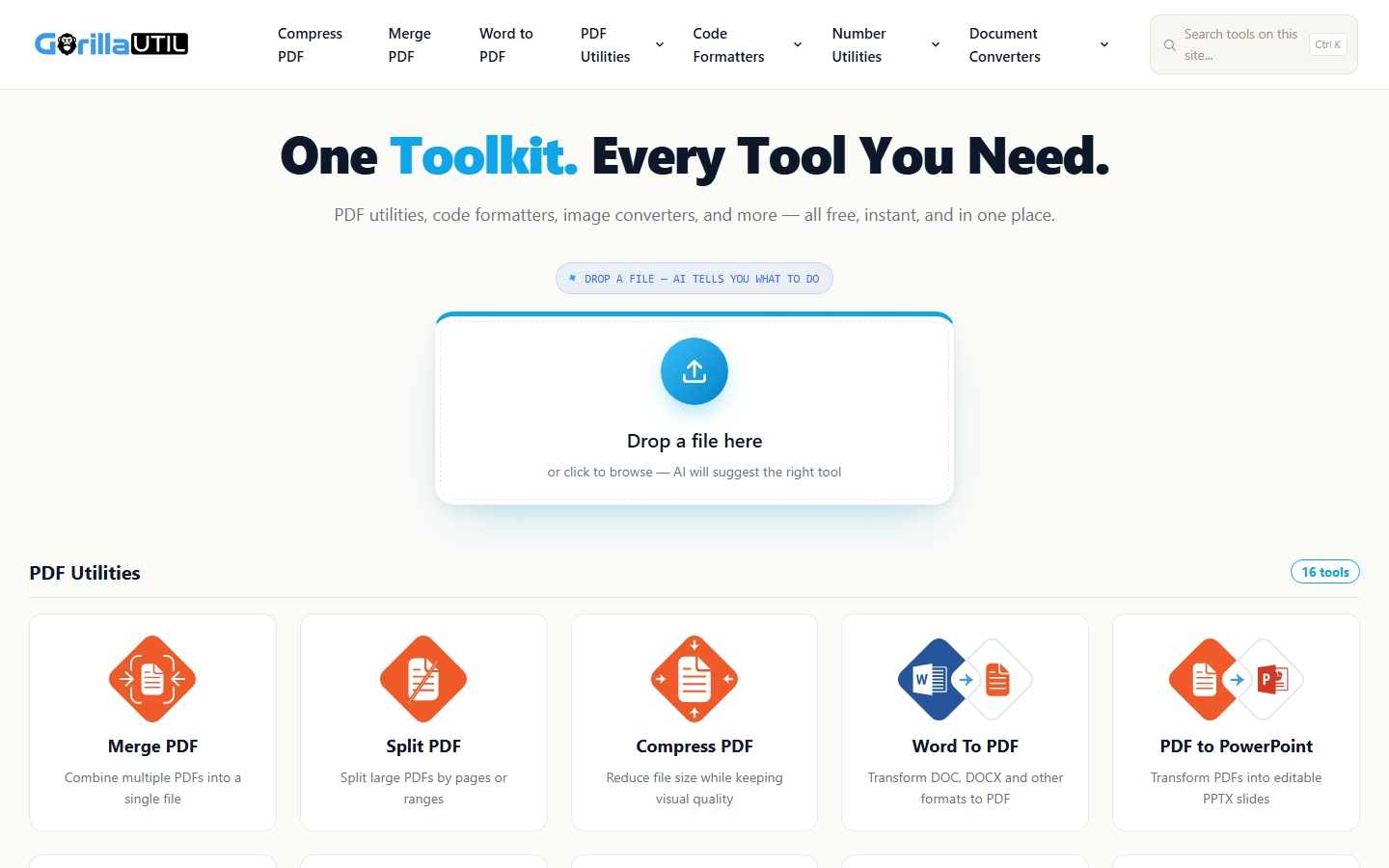 GorillaUTIL toolkit homepage showing PDF Utilities including Merge PDF, Split PDF, and Compress PDF