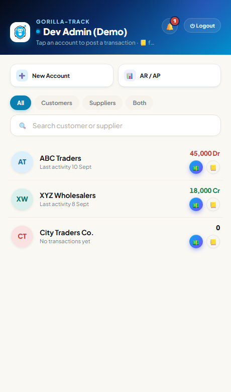 GORILLA-TRACK account list showing customers and suppliers